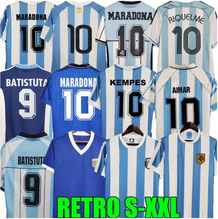 1978 1986 1998 아르헨티나 레트로 축구 유니폼 마라도나 1996 2000 2001 2006 2010 Kempes Batistuta Riquelme HIGUAIN KUN AGUERO CANIGGIA AIMAR 축구 셔츠