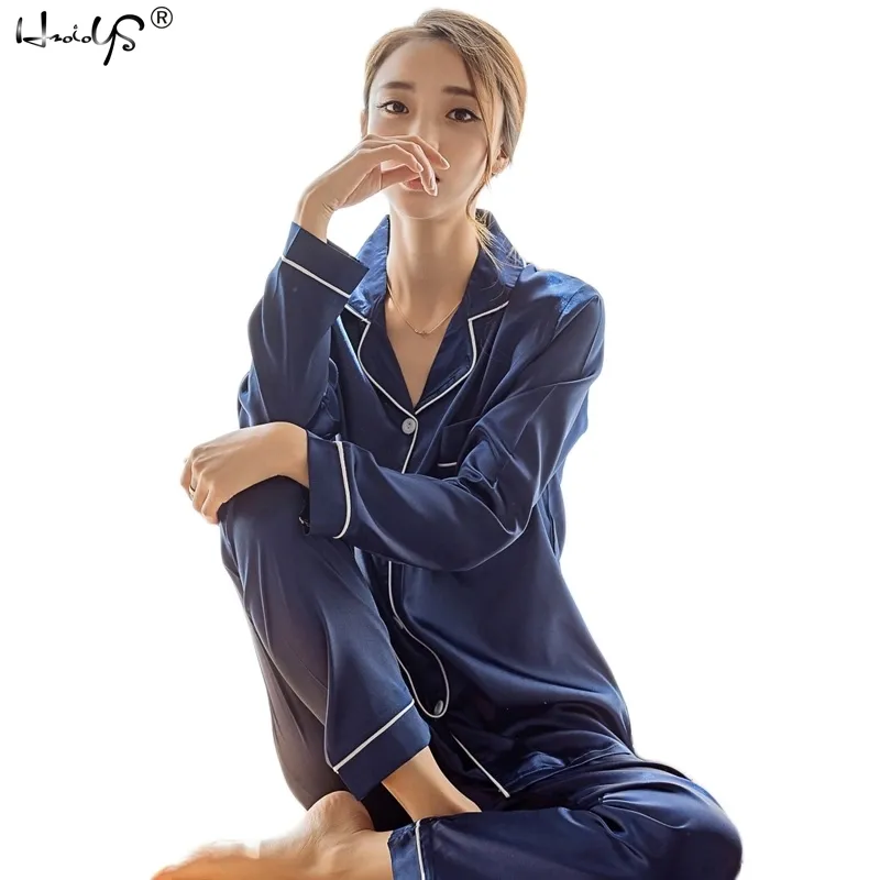 Womens Silk Satin Pyjamas Long Sleeve Sleepwear Pijama Pajamas Suit Female Sleep Two Piece Set Loungewear Plus Size 201109