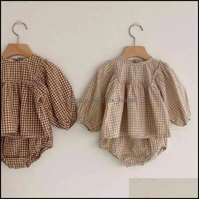 Ensembles de vêtements bébé enfants bébé, vêtements de maternité pour filles Little Plaid Infant Boys Set Puff Sleeve Blouse Bloomer 2 Pcs Toddler Suit Drop Deli