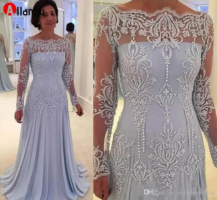 NUOVO! 2022 Elegante Scoop A-Line Chiffon Abiti per madri Perle Perline Appliques in pizzo Illusion Maniche lunghe Abiti per la madre della sposa Abito da sera Xu