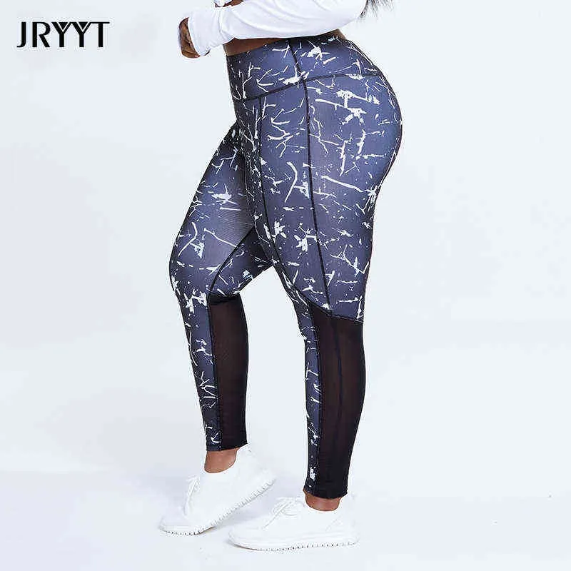 Jryyt Mage Control Plus Size Sport Leggings Kvinnor Hight midja Fitness Yoga byxor Pocket Women Mesh Patchwork Workout Tights New H1221