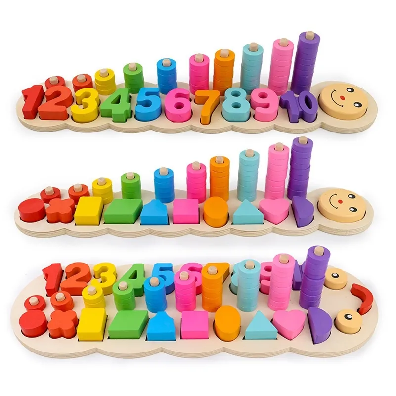 Sichere Montessori Bunte Kinder Vorschulunterricht Kinder Zähl- und Stapelbrett Holz Mathe-Spielzeug Lernen Lernspielzeug LJ200907