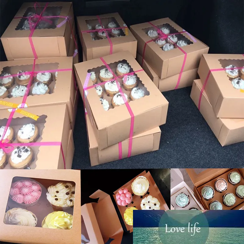 10 unids Kraft Papel Cupcake Box con ventana clara Boda Cumpleaños Caja Caja de pastel Caja de embalaje Magdalena al Por Mayor