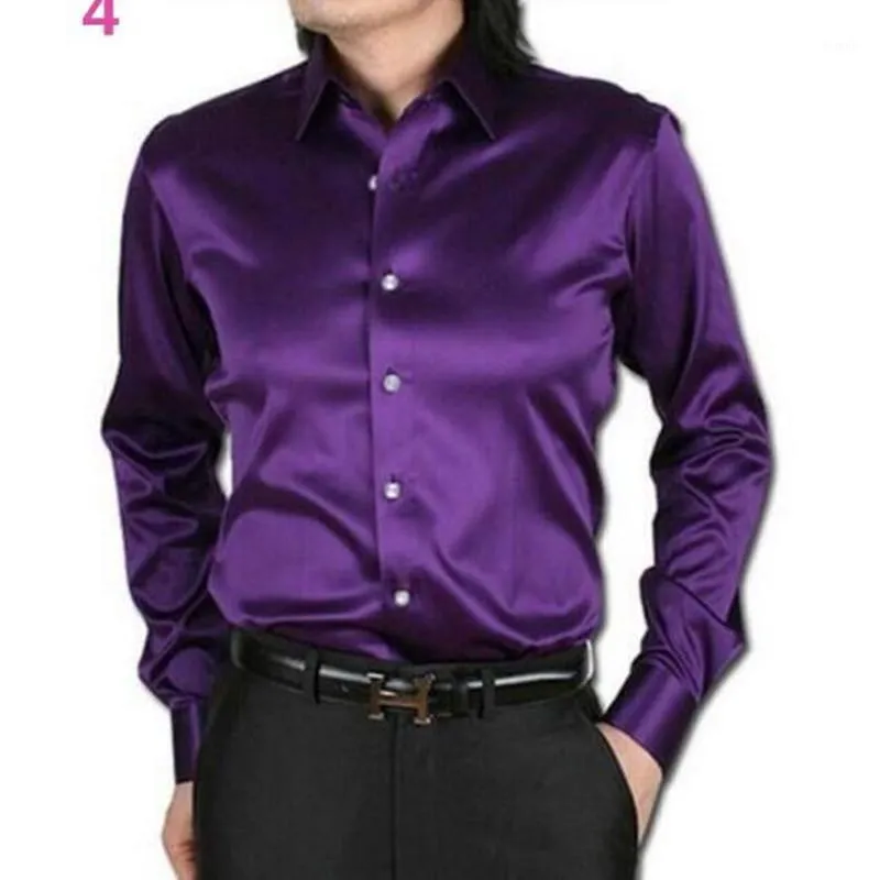 Camicie eleganti da uomo Camicia da uomo all'ingrosso Abiti casual personalizzati Raso di seta Manica lunga Stile moda Sposo Colore viola1