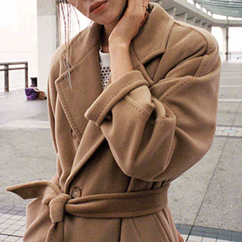 Donna elegante inverno cappotto di cashmere lungo fasciatura cappotto di lana cardigan sciolto taglie forti Abrigos Mujer Manteau Femme Hiver LJ201202