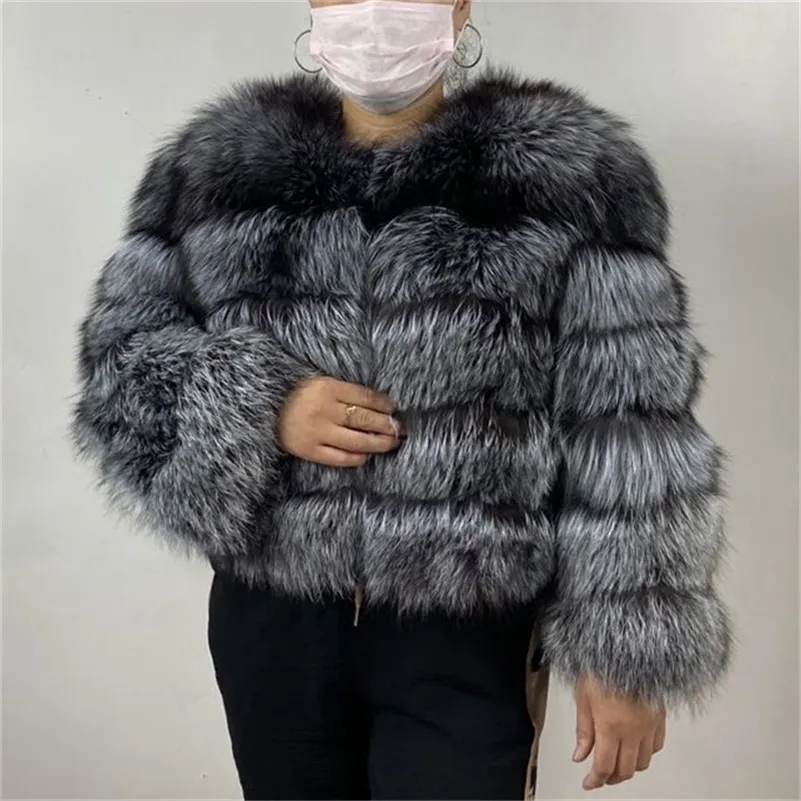 BEIZIRU new Real Fur Natural Raccoon Fur silver fox fur short coat winter women Round neck nine quarter Coat 201212