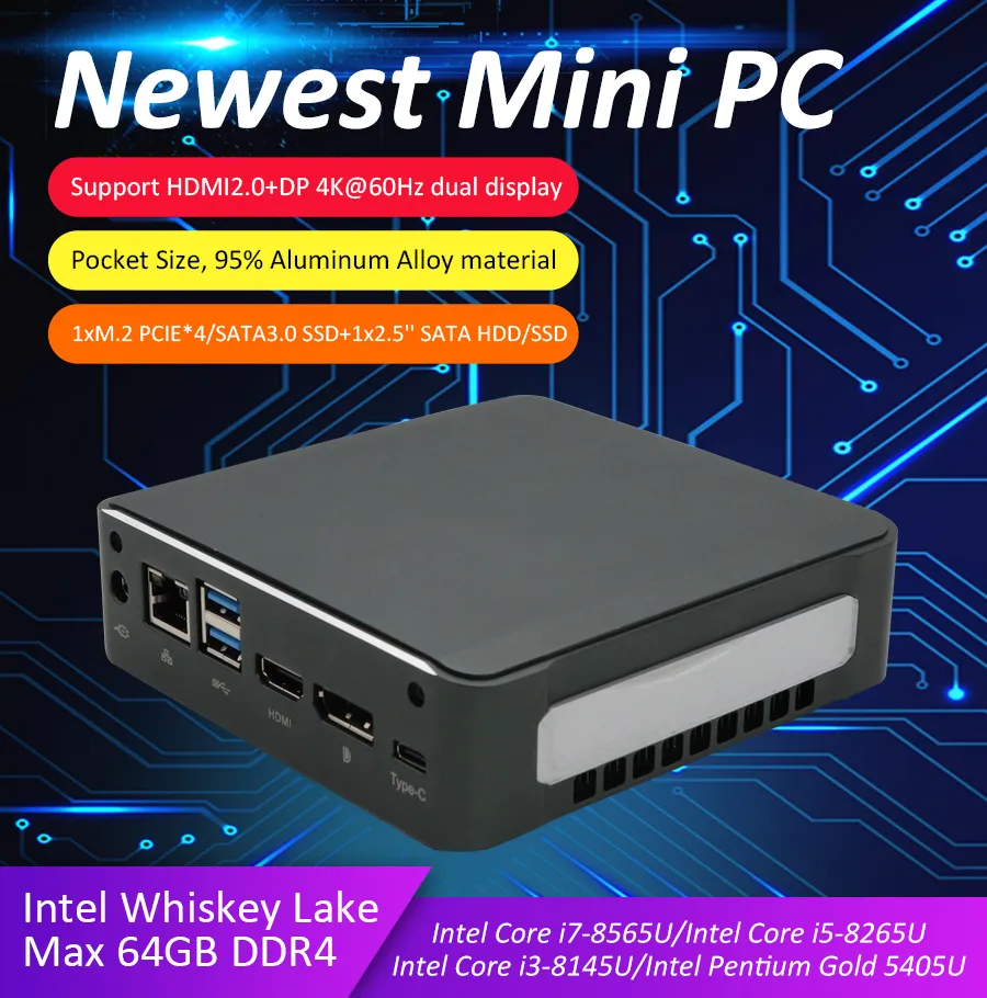 Eglobal Mini PC 8th i7 8565U I5 8265U 2 * DDR4 NVME M.M.2 Pocket Desktop Datorfönster10 Pro Type-C 4K HD-MI 2.0 DP Dual Band AC Wifi