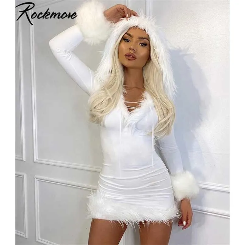 Rockmore Pelziges langärmliges, figurbetontes Minikleid mit Kapuze, weißes, flauschiges Kleid mit V-Ausschnitt, dünnes Weihnachtsfeier-Streetwear-Winterkleid 211221