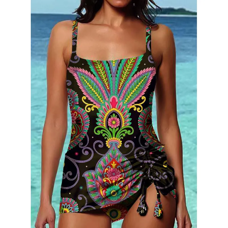 2020 New Women Swimwear Print Bandage Swimsuit Backless Bathing Suit Bodysuit Beachwear Swim Monokini Conservative Swimming Girl T200708