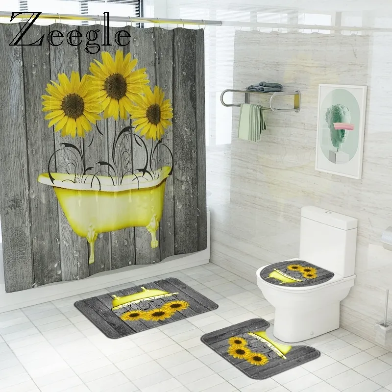 Printed Sunflower Bath Mat and Shower Curtain Set Polyester Fibre Washable Bathroom Carpet Decor Toilet Seat Tank Cover Rug