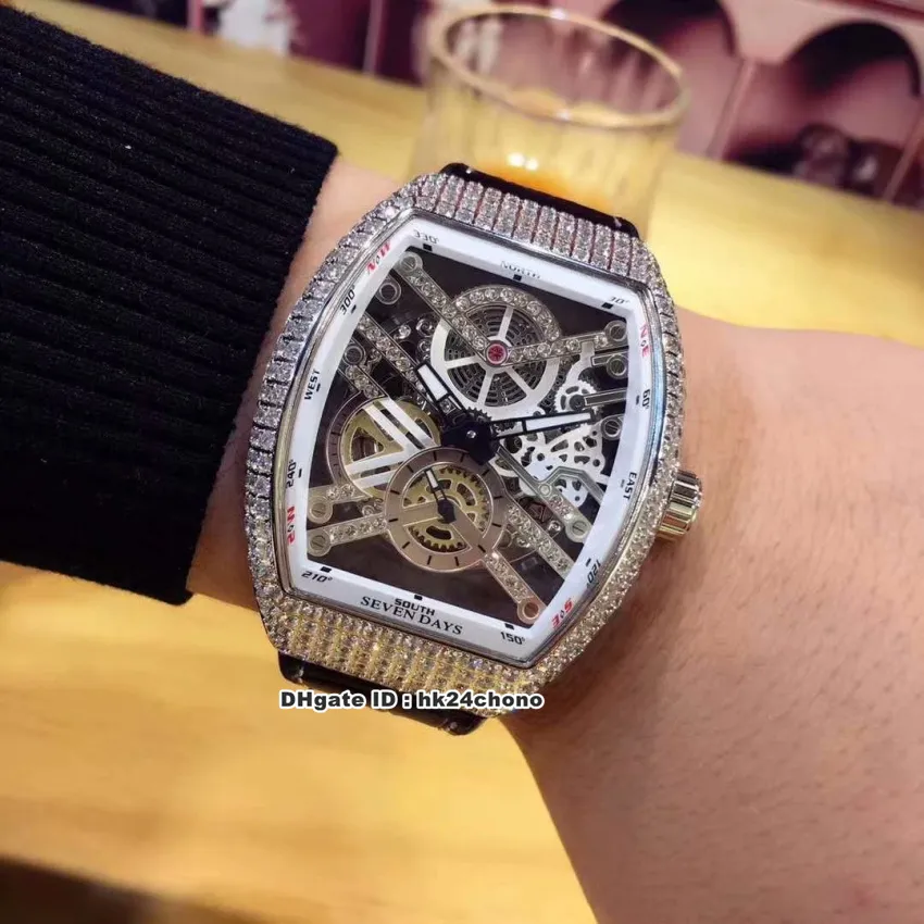 Vanguard Watch Collection Montre automatique pour homme V 45 S6 SQT Boîtier en acier avec diamant Cadran squelette blanc en diamant Bracelet en cuir Montres de sport pour hommes