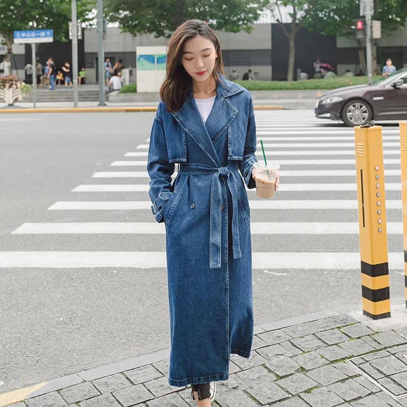 Denim Trench Coat For Women Autumn Loose Long Coat Women Double-Breasted Loose Jeans Trench Coat Windbreaker Manteau Femme C5635 T200828