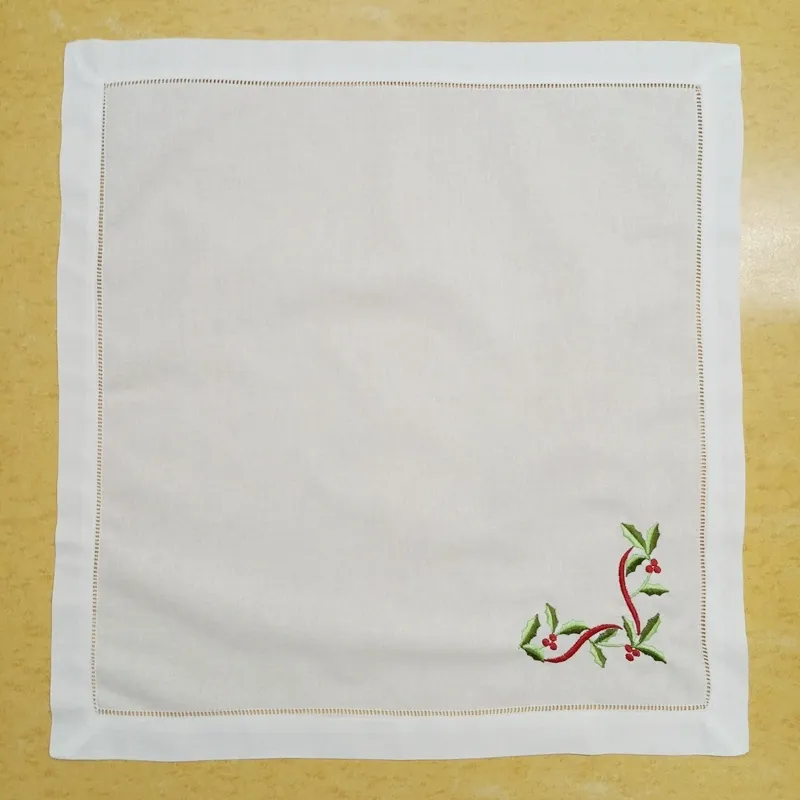 Set of 12 Home Textiles Christmas Dinner Napkins White Hemstitched 100% linen Fabric Table Napkin with Color Embroidered Floral Te237U