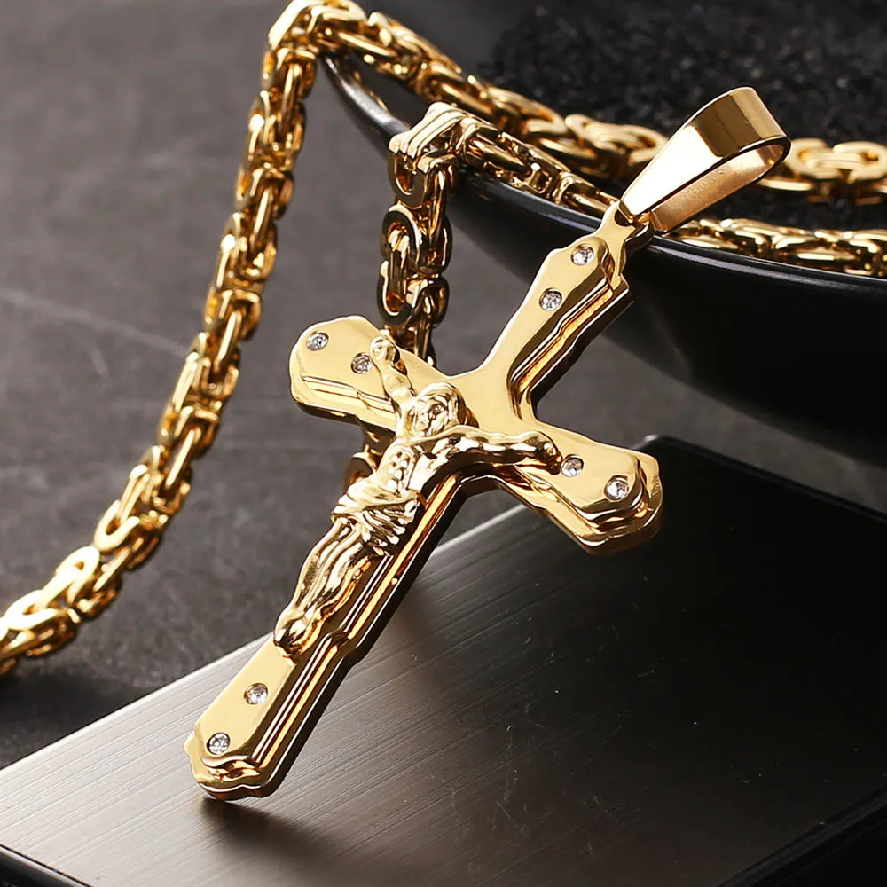 316L Rostfritt stål Män Hip Hop Jewlery Byzantine Box Link Kedja Halsband Kors Jesus Pendants 18K guldpläterade diamant punk tillbehör