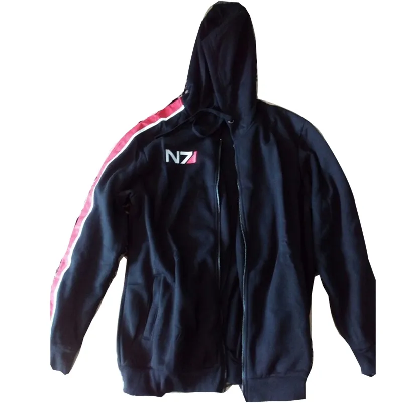 Cosplay N7 Mass Effect Fermip Up kapüşonlu Erkekler Siyah Anime Hooded Sweatshirt Kadın Emboryy Poleece Kalın Sıcak Sweetshirt Street Giyim 220114