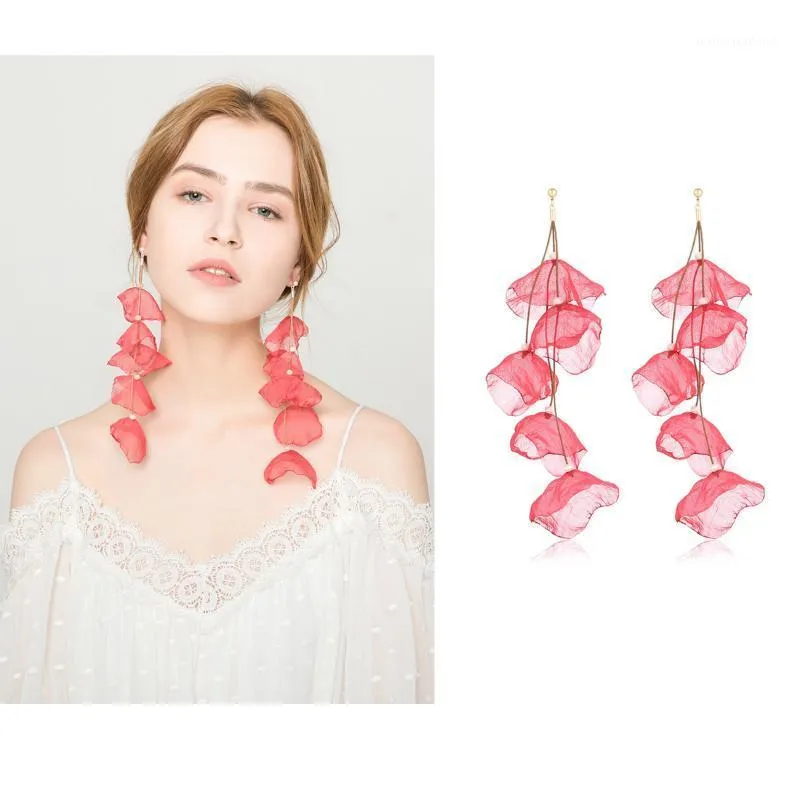 Stud Bohemian Fashion Long Rose Petal Large Nappa Ciondolo per orecchini da donna Statement Wedding Red Flower Jewelry1