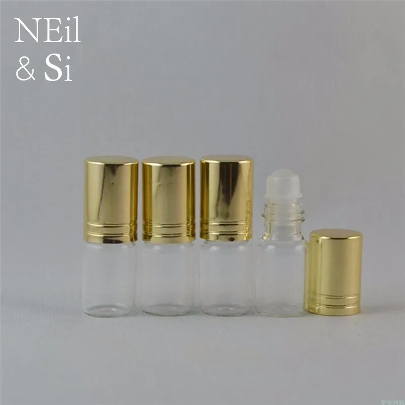 Botella de rodillo cosmético de vidrio transparente de 3 ml, contenedor de Perfume para mujeres, embalaje de aceite esencial, rollo en tapa dorada plateada