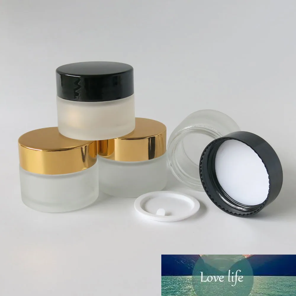 Garrafa de jarra de creme de vidro com embalagem pequena de 15 ml com tampas pretas douradas selo branco