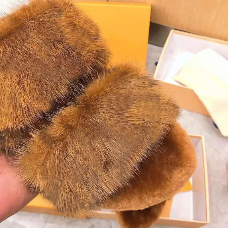 women mink slippers warm cotton slippers fashion ladies Flat Mink fur Slipper shoes with box size 35-40