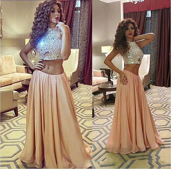 Seksowna brzoskwinia Crop Top Prom Dresses Dwuczęściowe Kryształy Koraliki Długa Specjalna okazja Sukienka Dla Dziewczyn Wieczór Party Workanta Suknie Świecące Vestidos