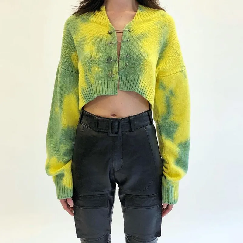 Tie-Dye Knit Safety Pin Sweater Yellow & Green Tie Dye Cropped Cardigan For Women e-girl Fall Winter Outfits /