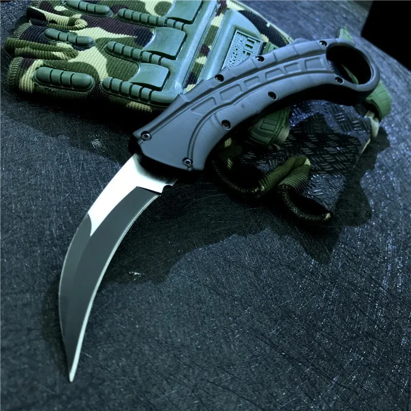 전술 생존 캠핑 스프링 나이프 자동 karambit D2 Machete 블레이드, 블랙 알루미늄 핸들 자기 방어 나이프