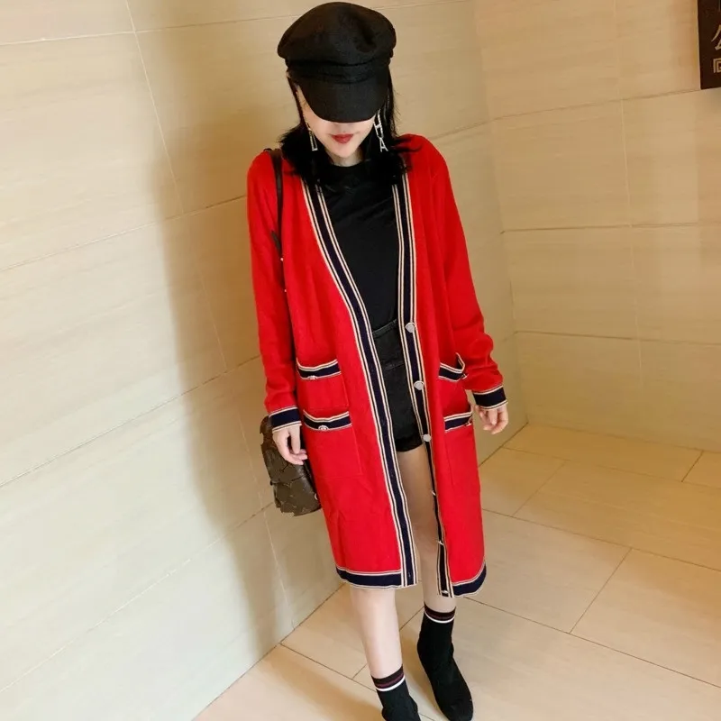 Women Long Cardigan Designer V neck Single Breasted Pockets Red Cardigan Oversized Sweater Knitted Coat Outerwear B059 201128