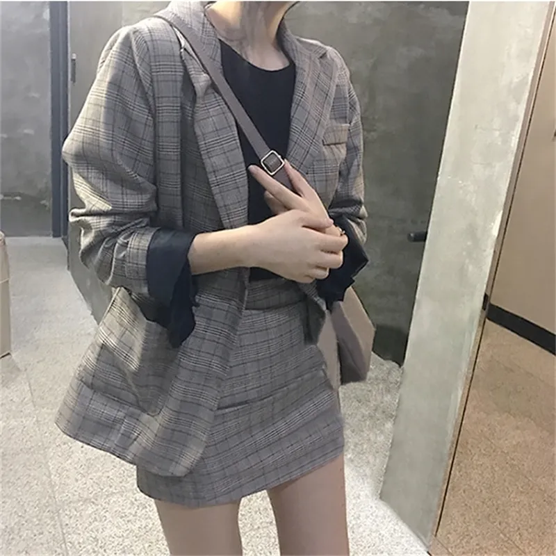 Korea Chic Blazer Mantel Plaid Minirock Anzug Frauen Jacke Anzug Büro Dame Jacke hohe Taille Rock 2 Stück Set Frauen 201130