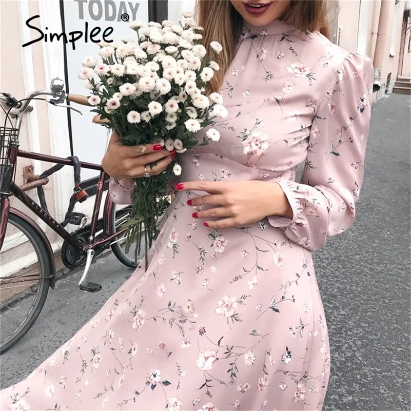 Simple Elegant Women Floral Summer Dress High Waist Print Arbetskontor Långärmad Lady Klänningar Vintage Spring Chic Party Dress LJ200818