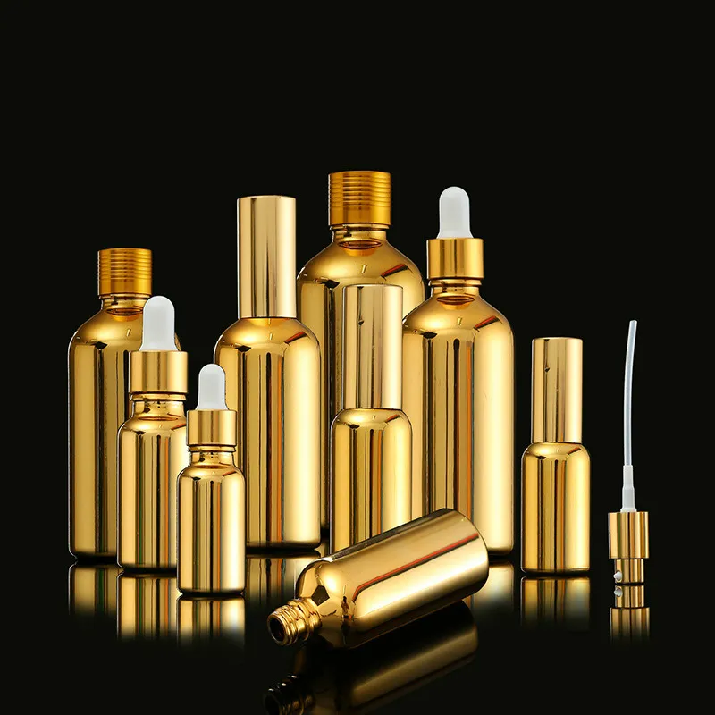 Bottiglie di profumo vuote di vetro color oro all'ingrosso Bottiglie di tubi di goccia di olio essenziale Vasetti di crema per il viso Bottiglie di liquidi cosmetici da viaggio