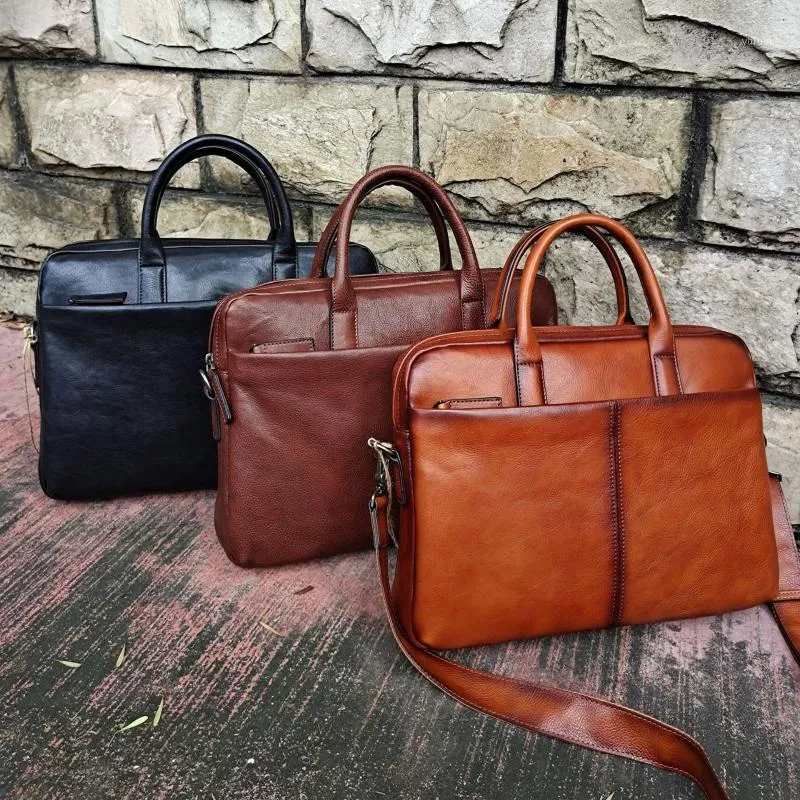 Briefcases 2021 Mens Leather Briefcase Business Casual Retro Laptop Bag
