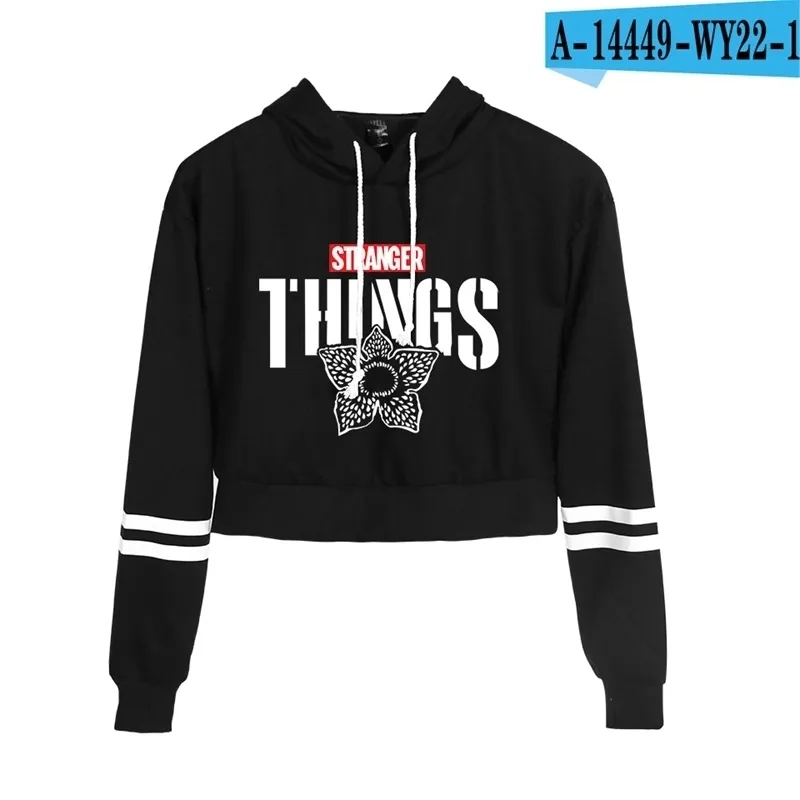 Vreemde dingen hoodie sexy vrouwen lente herfst hoge taille zwart korte sweatshirt dames hoodies casual schattige crop tops 201020