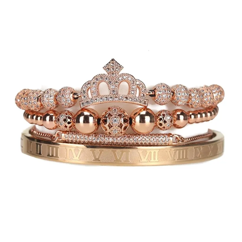 4pcs / set luxe royal reine couronne bracelet ensemble en acier inoxydable perles cz charmes bracelets romains bracelets pour femmes bijoux 220228