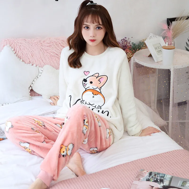 Warm Soft Flannel Pajamas Suit  Pajama Set Women Winter Simple