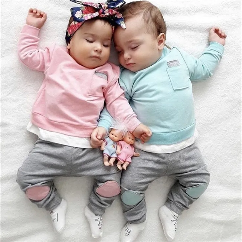 Baby Boy Девушка Одежда набор новорожденных Детский Длинный рукав Хлопок Розовый и Зеленый Пэчворк Футболка + Брюки Осень Одежда малыша LJ201221