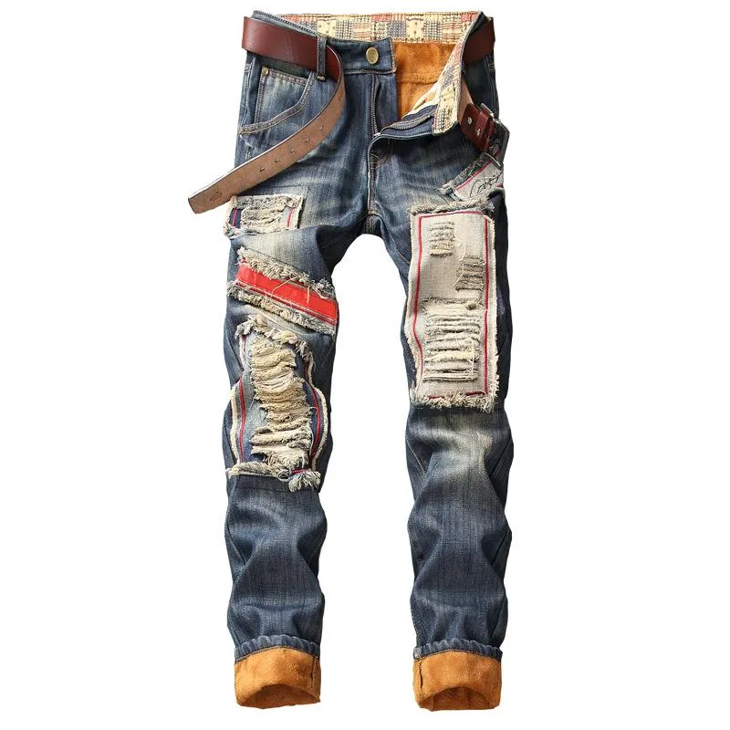 Winter Warm Jeans Fleece Destroyed Ripped Denim Trousers Thick Thermal Distressed Biker For Men Clothes