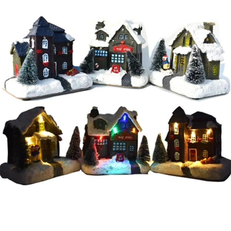 カラフルな点火LEDライトクリスマスの装飾が付いている雪の家新年の子供たちギフト樹脂クリスマスシーンビレッジ201201