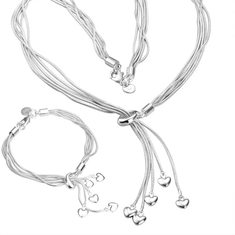 Classical Women Jewelry Sets 925 Sterling Silver 5pcs hearts Necklace & Bracelet Fashion Costume Set Necklaces Bracelets