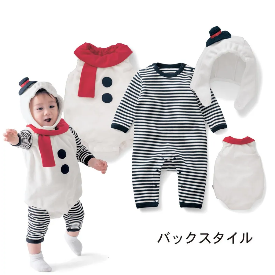 Barnens One-Piece Christmas Baby Tre Piece Suit Striped Jumpsuit + Snowman Coat + Hat Baby Suit Barn Set Rompers