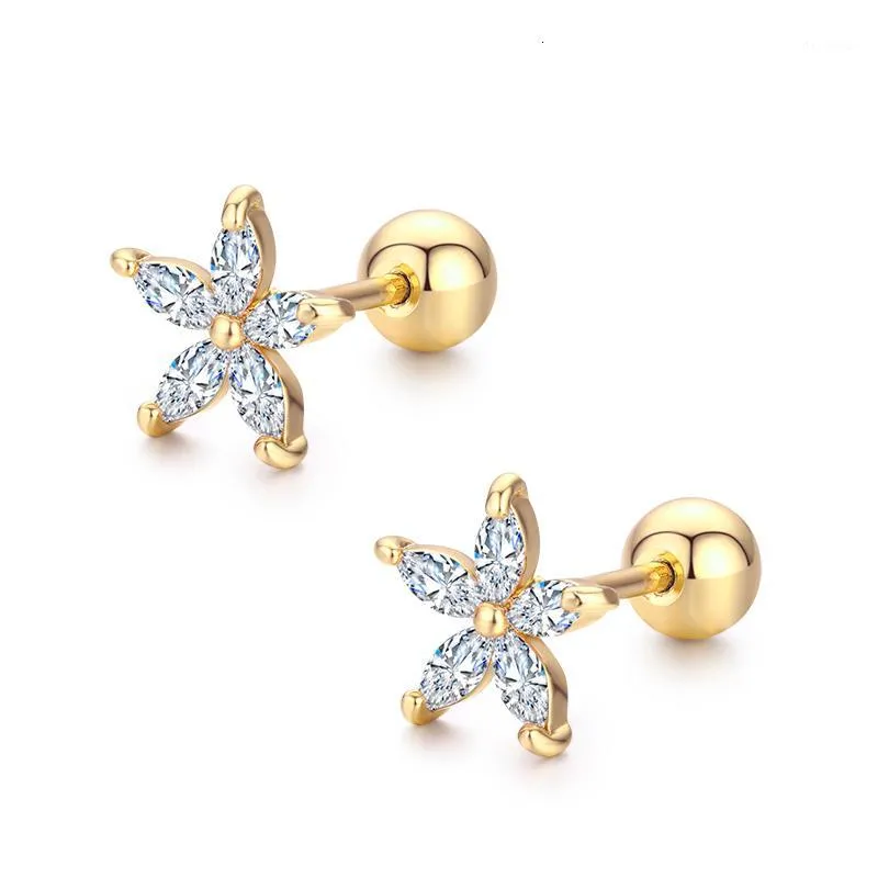 7Colors Cute Five Petals CZ Kamienie Kwiat Śruba Powrót Stadniny Kolczyki Dla Kobiet Dziecko Dzieci Dziewczyny Gold Color Piercing Biżuteria Aros1