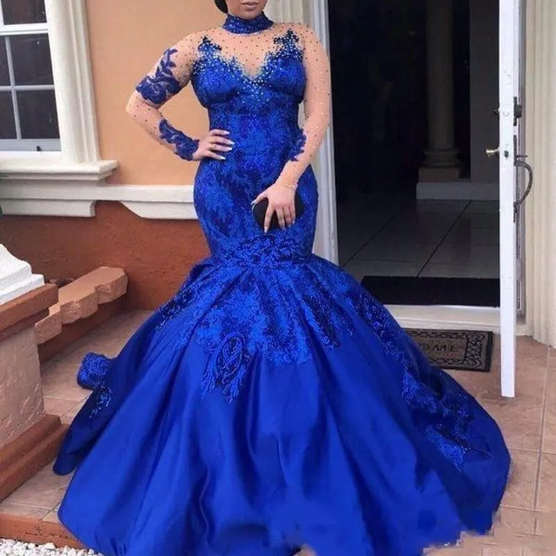 2022 Abiye Royal Blue tromba abiti da ballo collo alto maniche lunghe pizzo paillettes appliques donne eleganti taglie forti sirena abiti formali abiti da sera