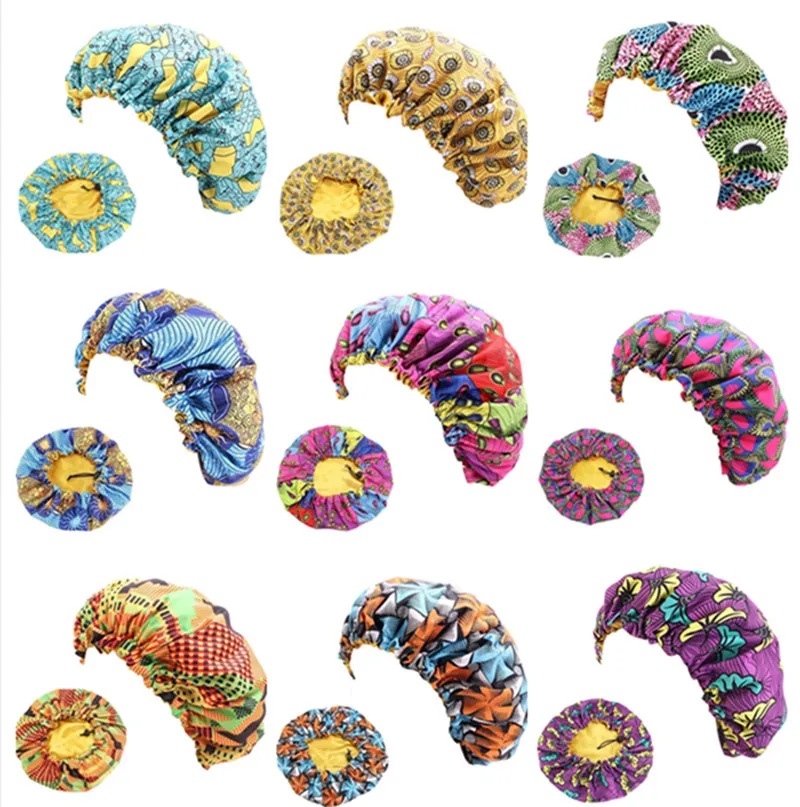 2 pcs/set Mommy and Me Satin Bonnet Adjustable Double Layer Sleep Cap Parents and Kids African Print Turban Hair Cover Baby Hat