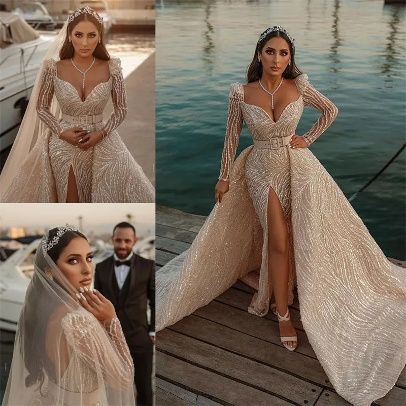 Dubai sjöjungfru bröllopsklänning med löstagbara glitter paljetter långärmad mantel de marie svep tågkyrka champagne brudklänning