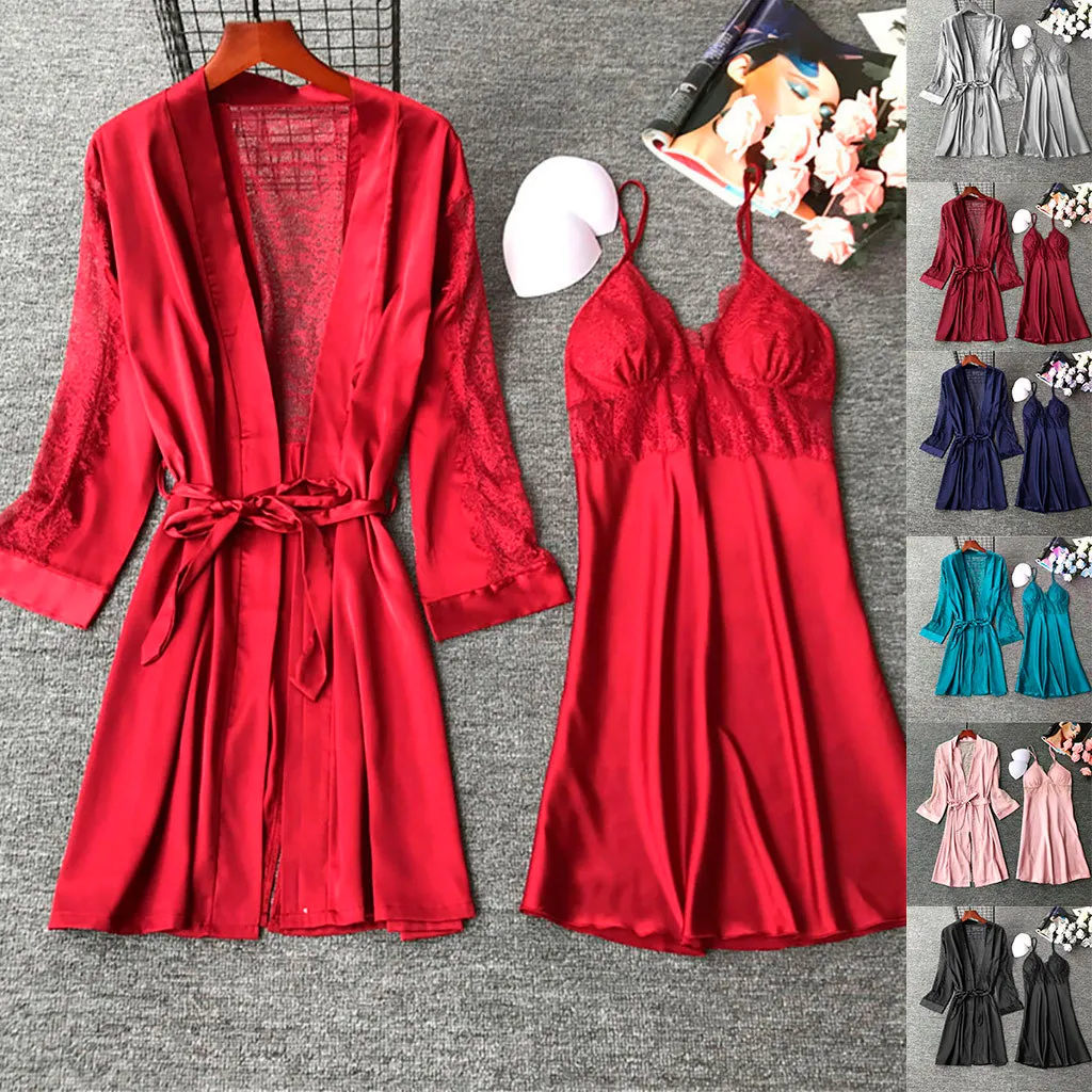 Frauen Faux Seide Kleid Set Sheer Spitze Sexy Nachthemd Bademantel Set Satin Nachtwäsche Nacht Kleid Dame Sex Nachthemd Schlaf Lounge 3XL Y200429