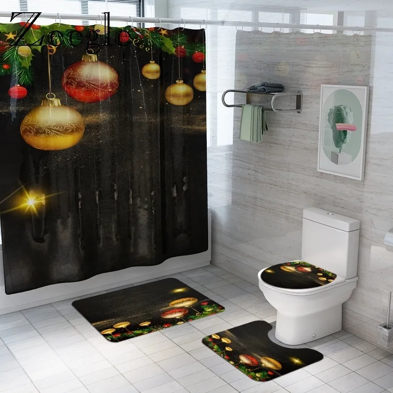 Zeegle Christmas Bath Mat Set New Year Shower Curtain Anti-slip Shower Mat Pedestal Rug Lid Toilet Cover Absorption Foot Rug