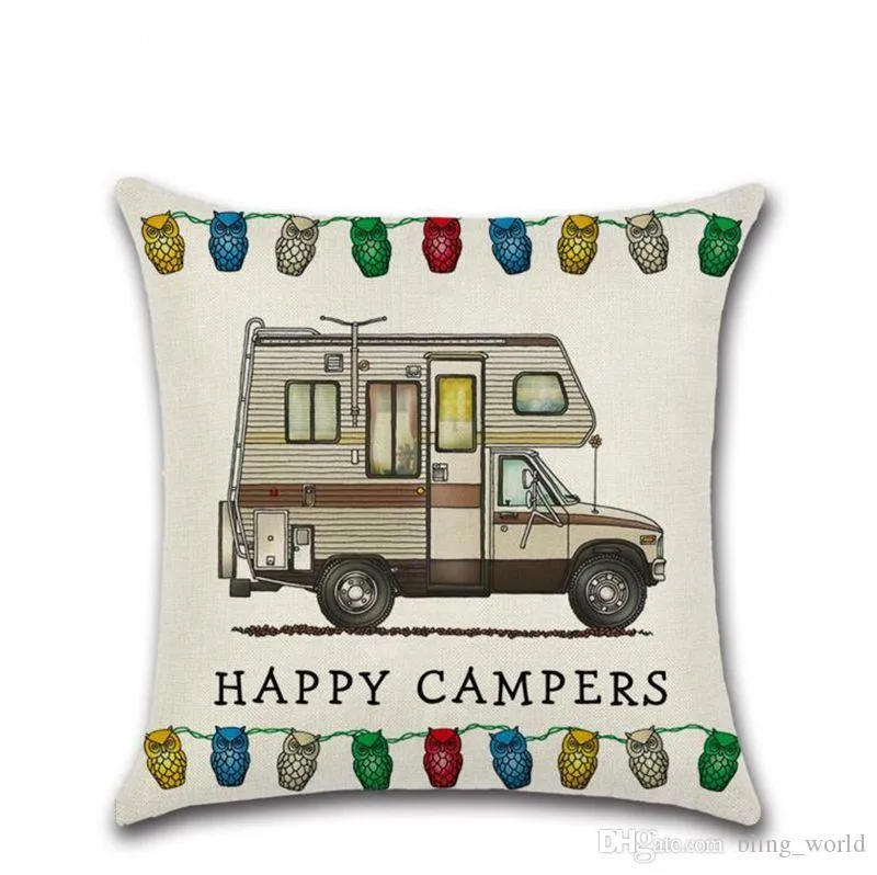 Happy Campers Pillow Case Linen Square Throw Pillows Cover Sofa Cushion Covers with Zipper Closure Home Decoration 20 Designs YW897