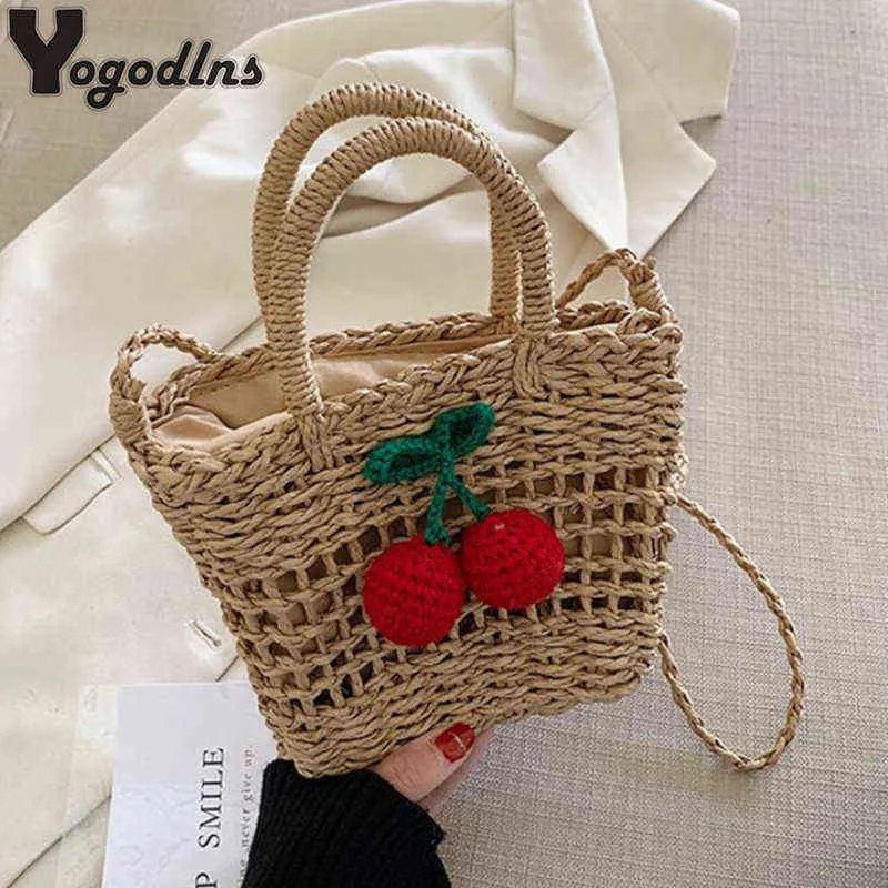 Shoppingkassar Cherry Small Straw hink för kvinnor Ny mode Handväska Seaside Vacation Beach Girls Shoulder Messenger220307