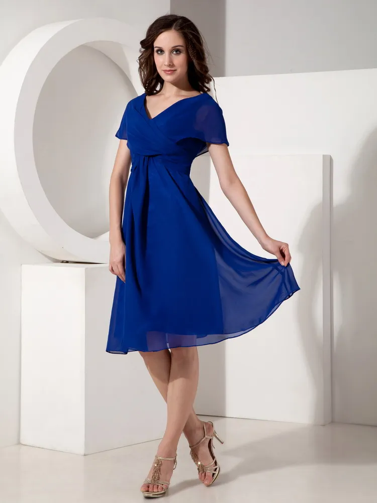 Royal Blue Knee Length Mother Dress For Wedding With Modest V Neck