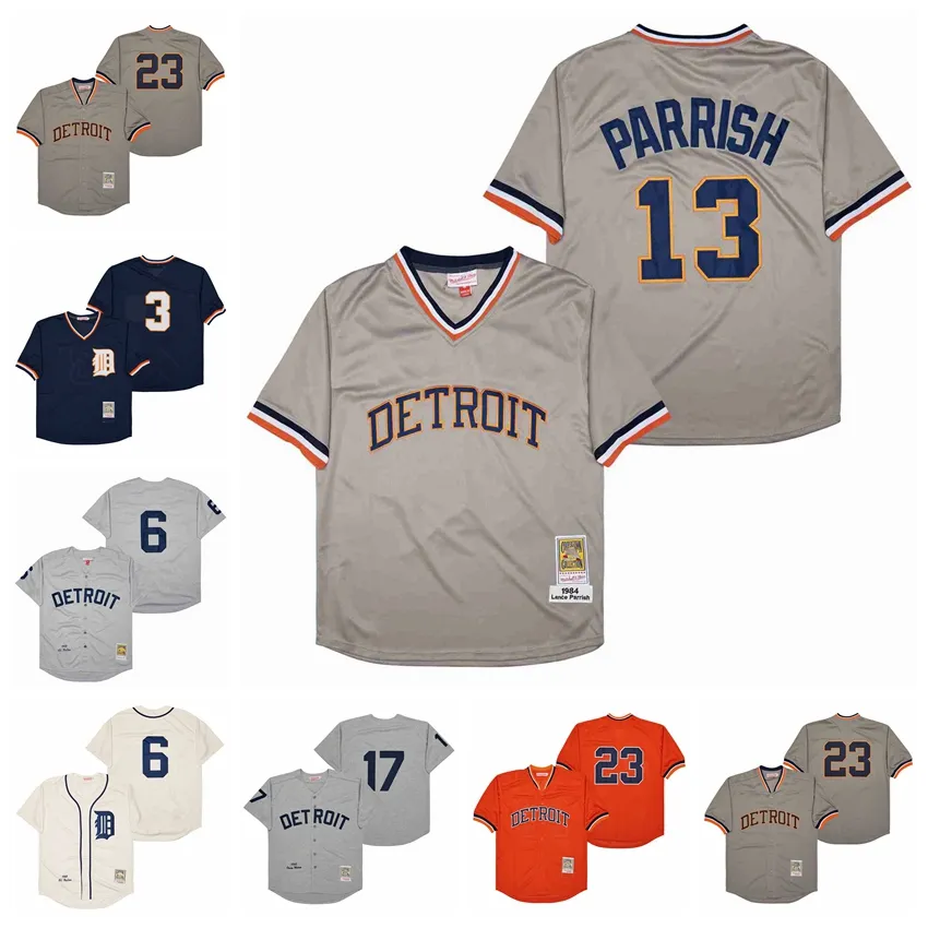 Retro 1968 1984 Vintage Baseball 3 Alan Trammell tröjor 23 Cam Gibson 13 Lance Parrish 6 Al Kaline Pullover Sydd Team Grå Marinblå Orange Beige Cool Base