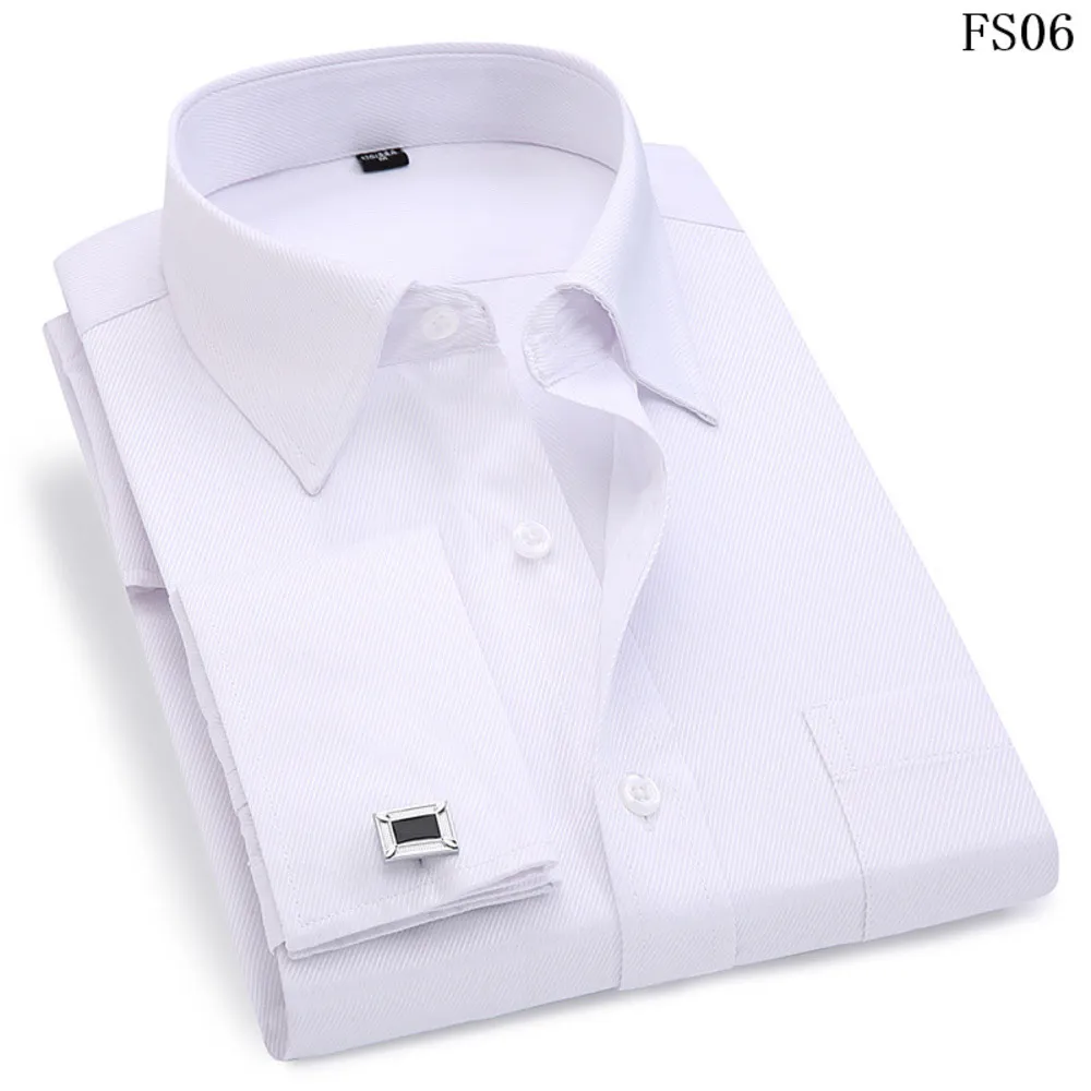 Men's Dress Shirts French Cuff Blue White Long Sleeved Business Casual Shirt Slim Fit Solid Color French Cufflinks Shirt C1222